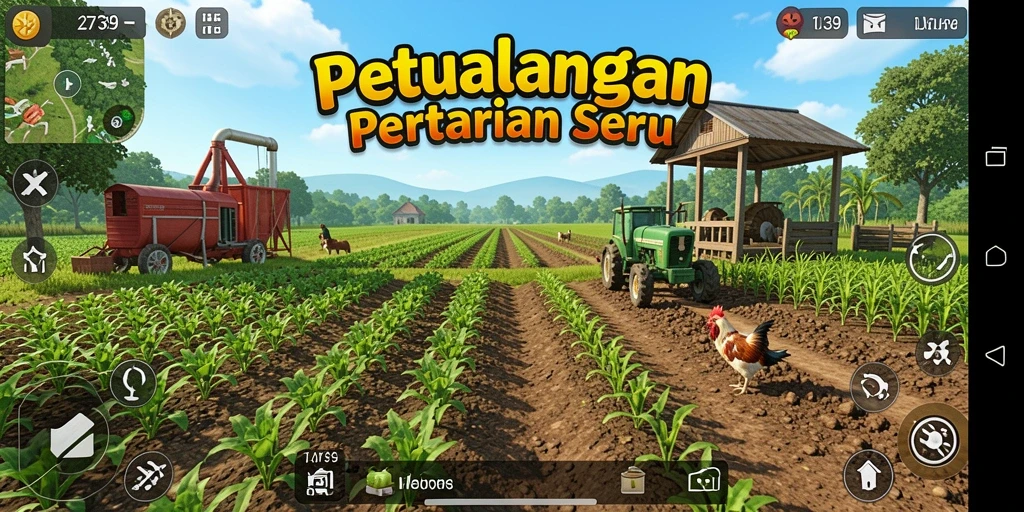 Screenshot gameplay 2739 menunjukkan ladang subur dan aktivitas petani.