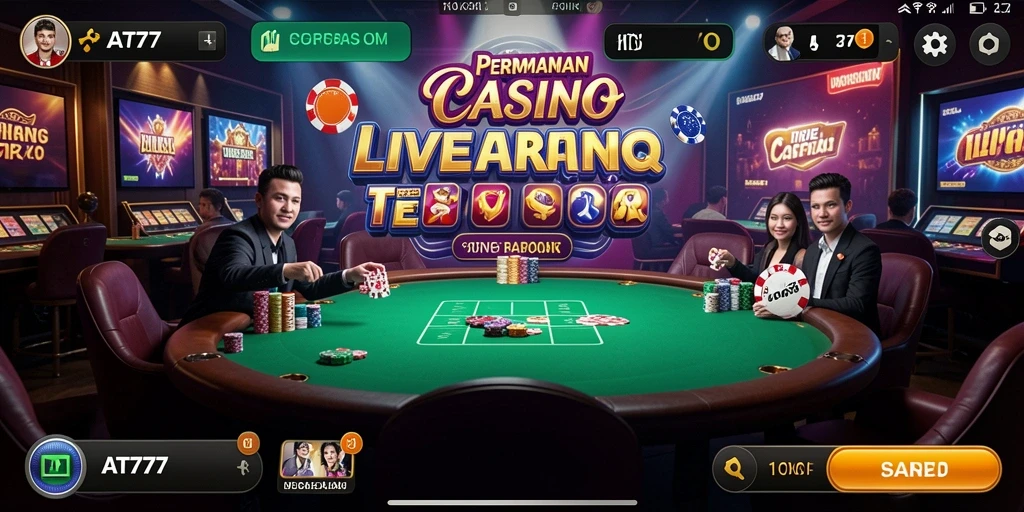 Screenshot gameplay AT777 yang menunjukkan dealer langsung dan suasana kasino.