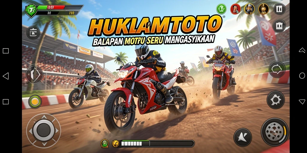 Gameplay HUKUMTOTO dengan aksi balap motor yang seru.