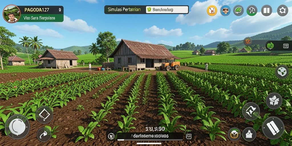 Tampilan screenshot utama PAGODA127 yang menunjukkan gameplay bertani yang menarik.