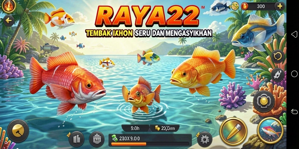 Tampilan gameplay <strong>RAYA22</strong> dengan berbagai ikan dan senjata menarik.