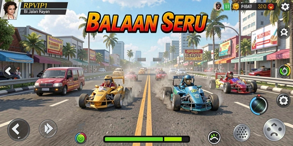 Screenshot utama RPVIP1 menampilkan balapan mendebarkan dengan mobil kencang.