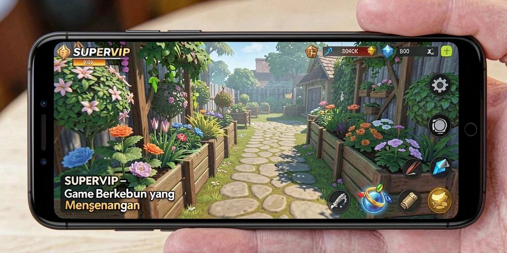 Screenshot gameplay SUPERVIP menunjukkan aktivitas berkebun yang seru dan interaksi sosial.