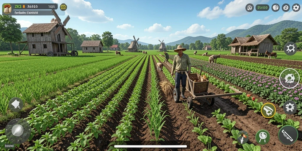 Screenshot utama gameplay ZK3 yang menunjukkan aktivitas pertanian.